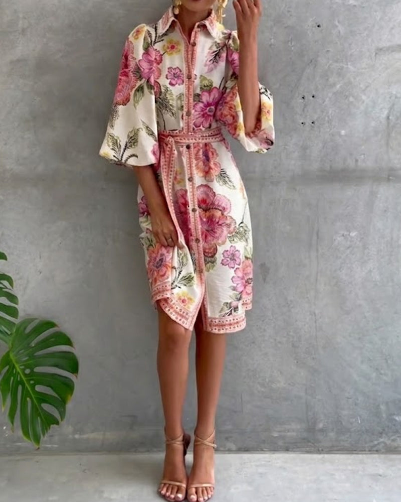 Elowyn | Printed Lantern Sleeve Shirt Dress