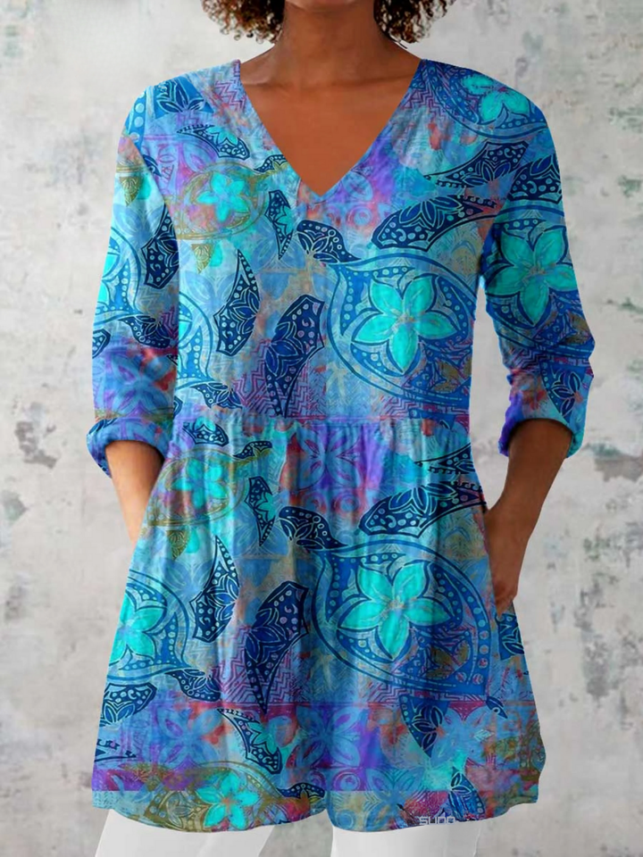 Sophie long v-neck blouse - Blue Paisley