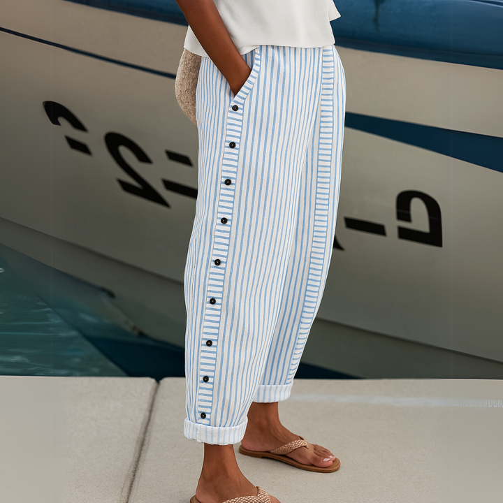 Caitlin | Stylish Linen-Cotton Striped Button Pants