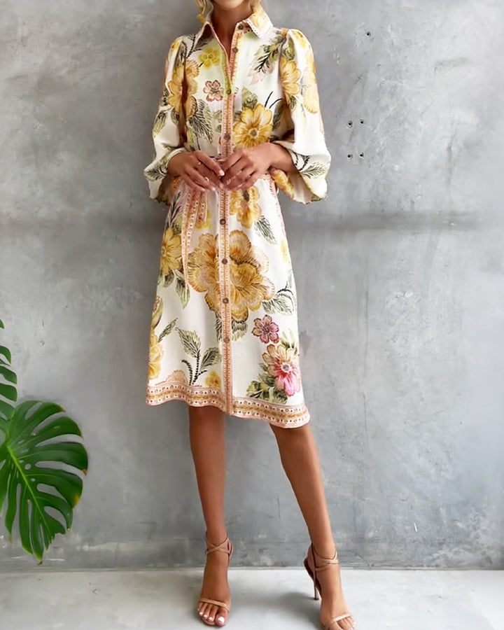 Elowyn | Printed Lantern Sleeve Shirt Dress