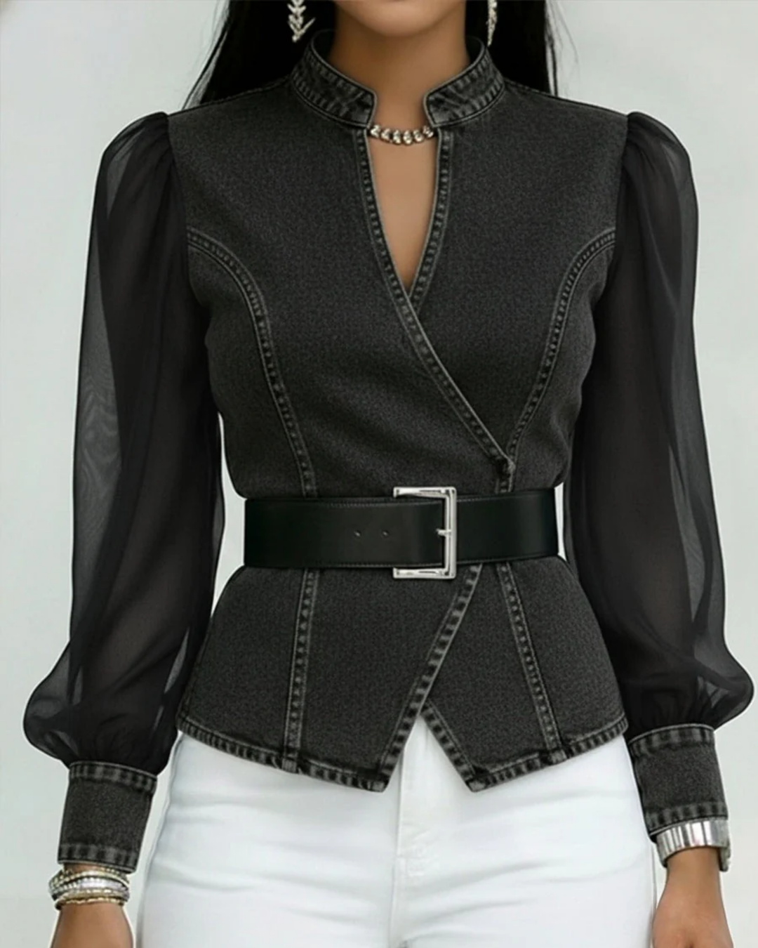Alessia | Denim Top with Lightweight Sleeves