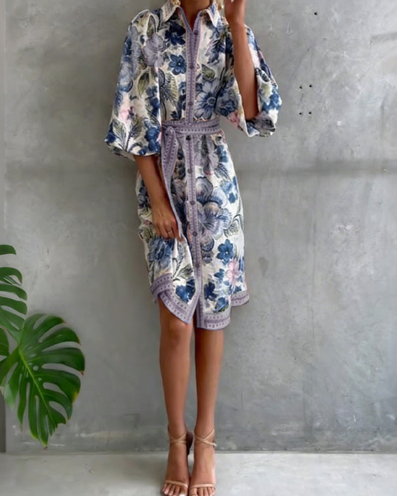 Elowyn | Printed Lantern Sleeve Shirt Dress