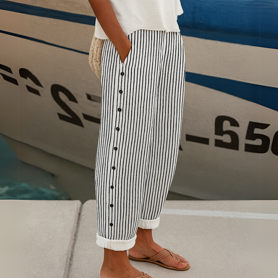 Kate | Striped Button Detail Tapered Trousers