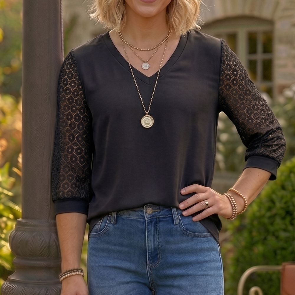 Aura | Hollow Lace Three-Quarter Sleeve Top