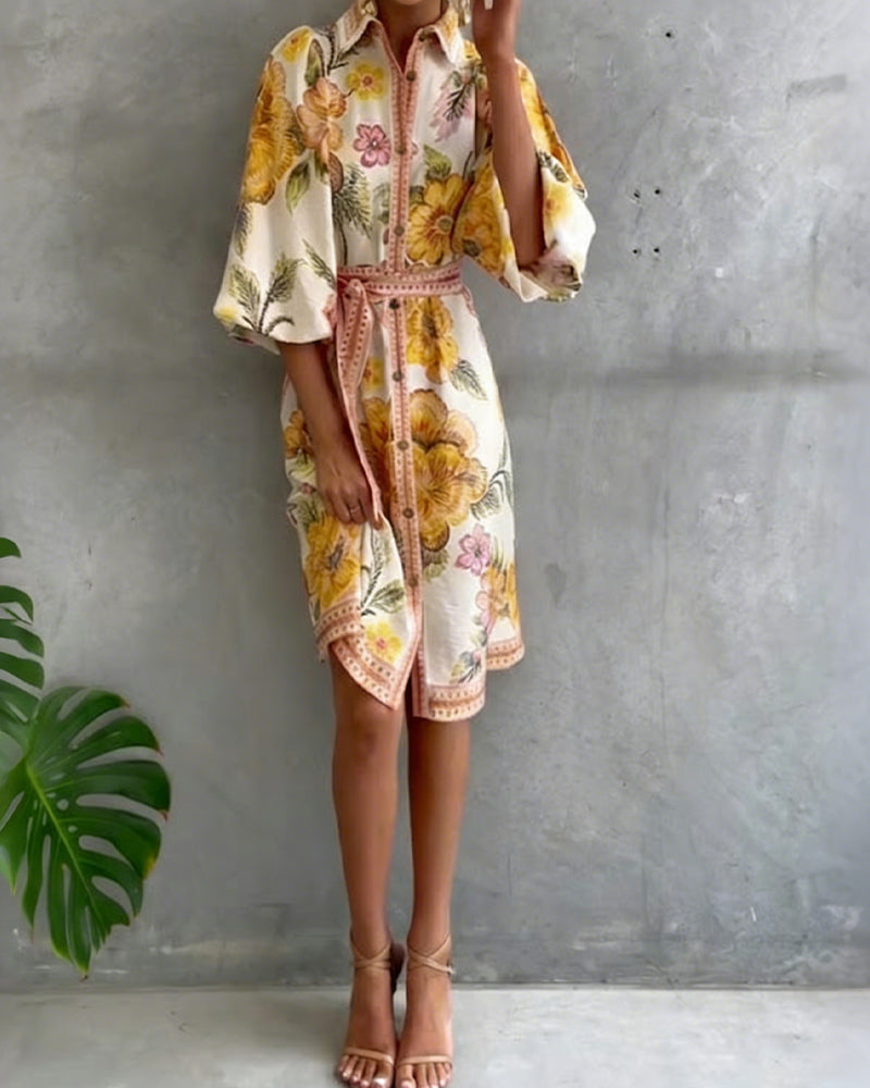 Elowyn | Printed Lantern Sleeve Shirt Dress