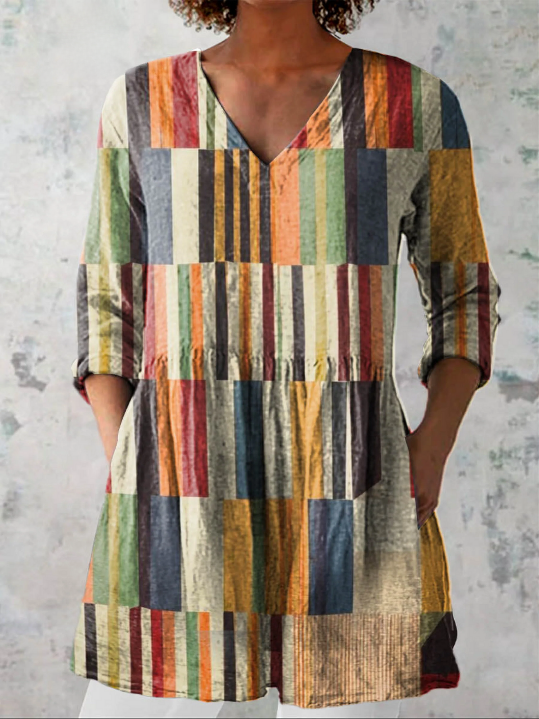 Sophie long v-neck blouse - Vintage Stripes
