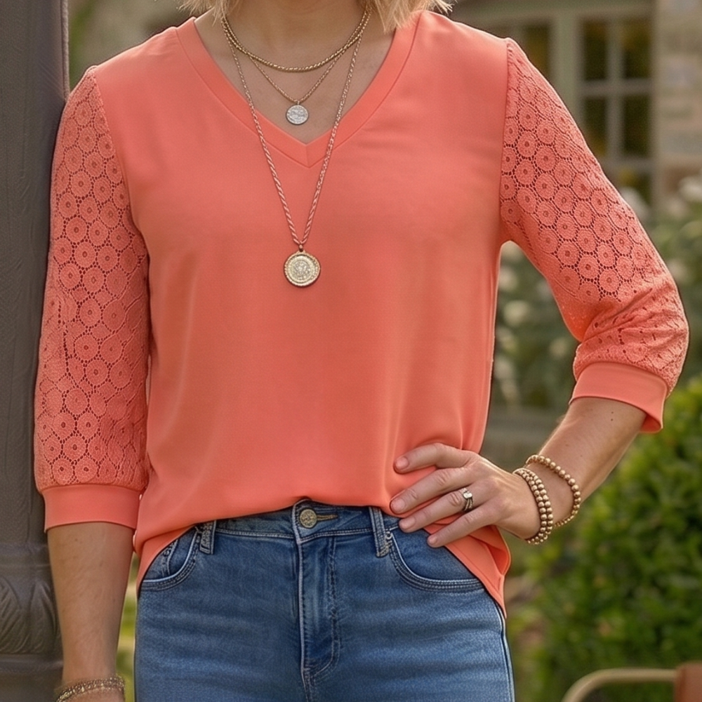 Aura | Hollow Lace Three-Quarter Sleeve Top