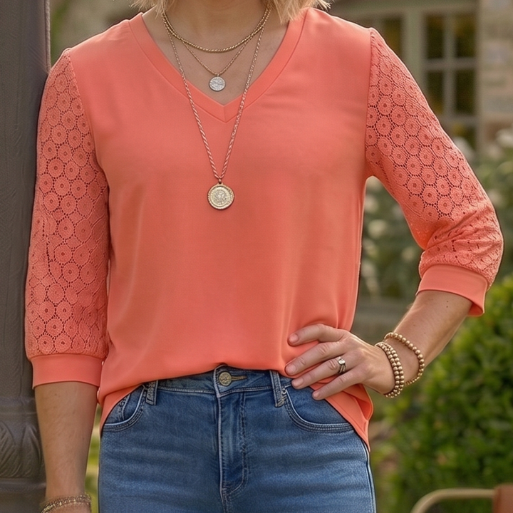 Aura | Hollow Lace Three-Quarter Sleeve Top