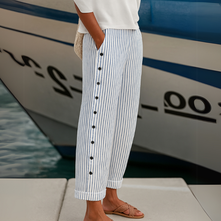 Caitlin | Stylish Linen-Cotton Striped Button Pants