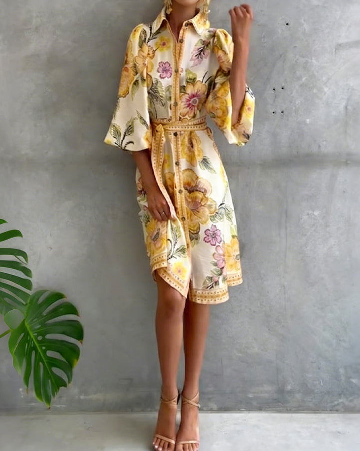 Elowyn | Printed Lantern Sleeve Shirt Dress