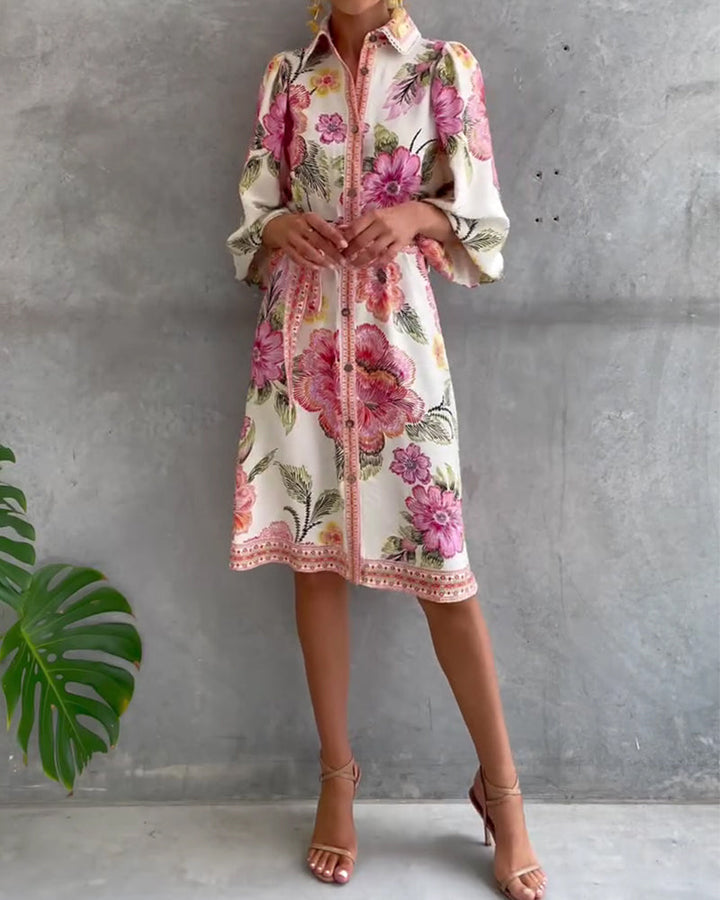 Elowyn | Printed Lantern Sleeve Shirt Dress