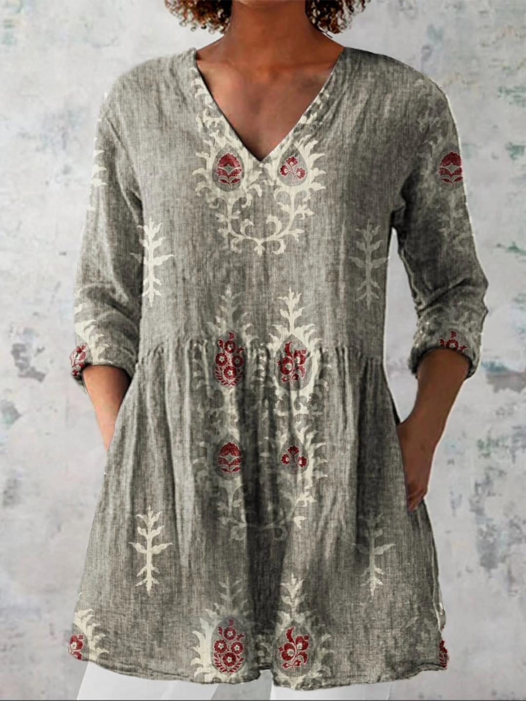 Elise long v-neck blouse - Grey