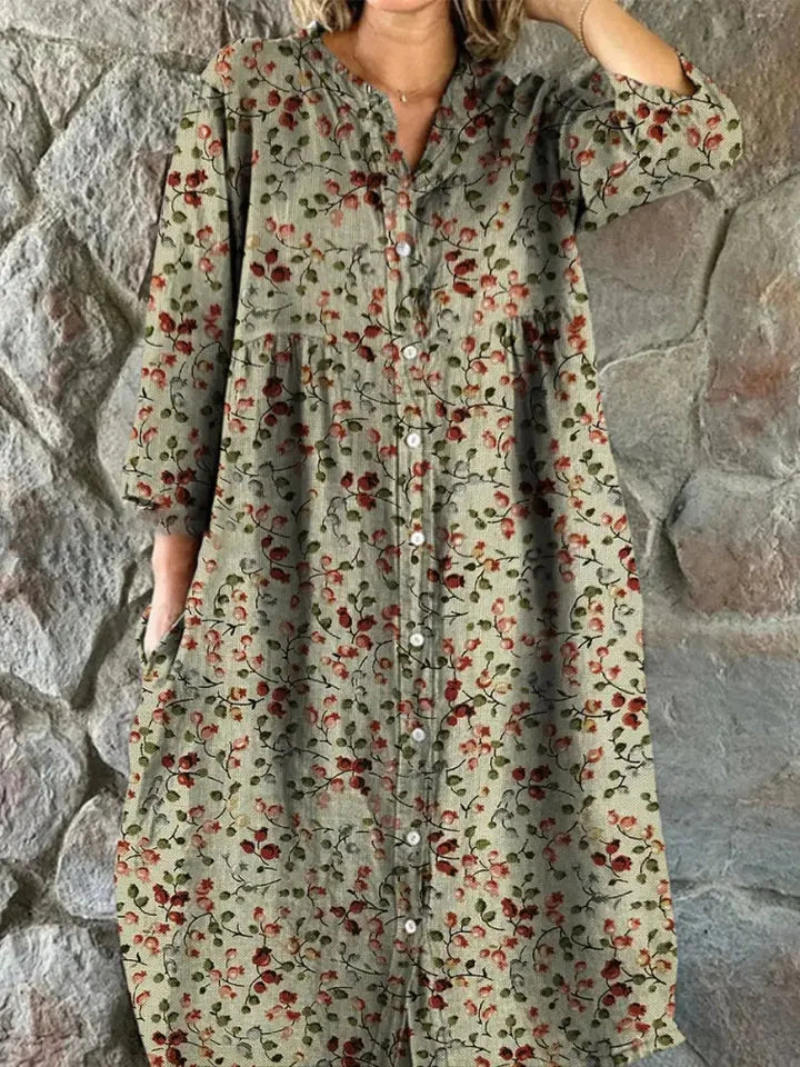 Mara | Women’s Retro Floral Cotton Shirt Dress with Pockets