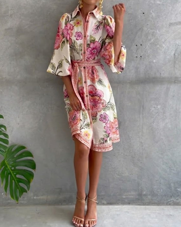 Elowyn | Printed Lantern Sleeve Shirt Dress