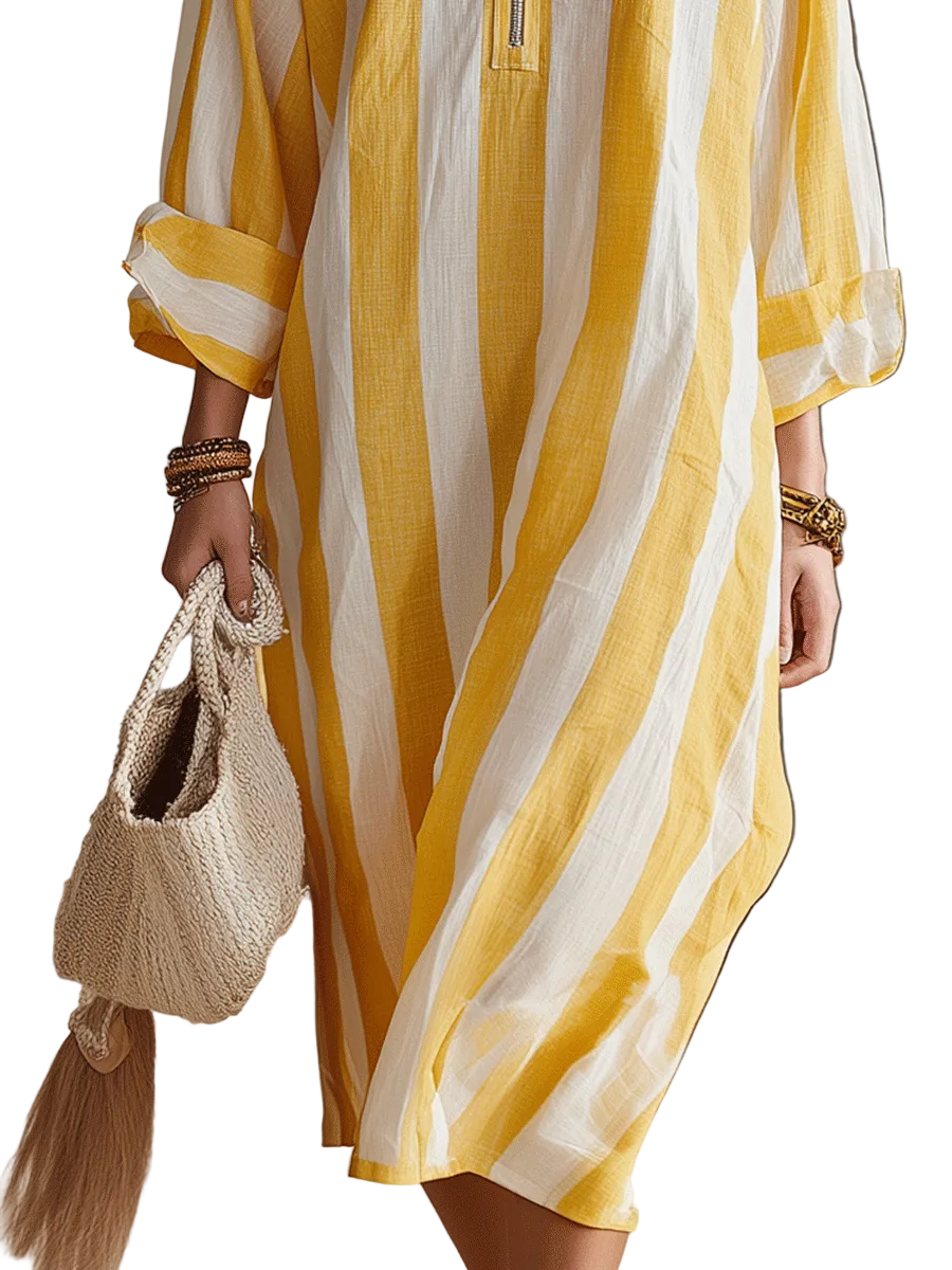 Relaxed | Striped Resort Yellow & White Stripe Midi Dress