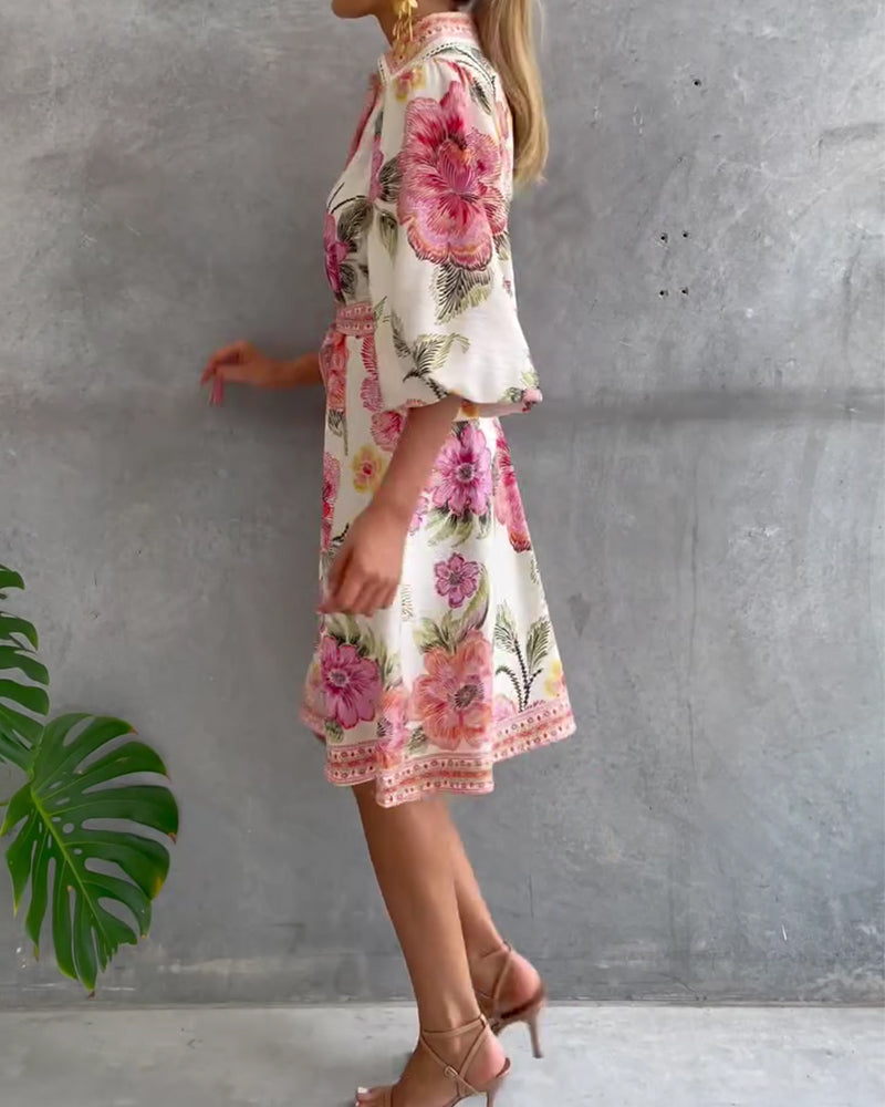 Elowyn | Printed Lantern Sleeve Shirt Dress