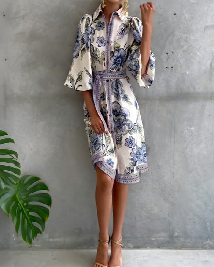 Elowyn | Printed Lantern Sleeve Shirt Dress