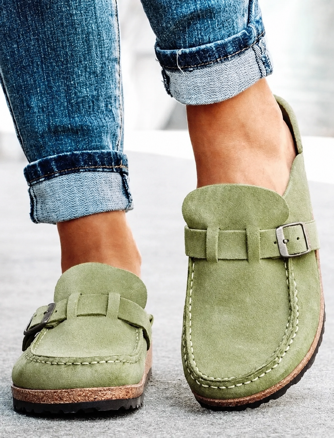 Hazel suede buckle mule - Sage