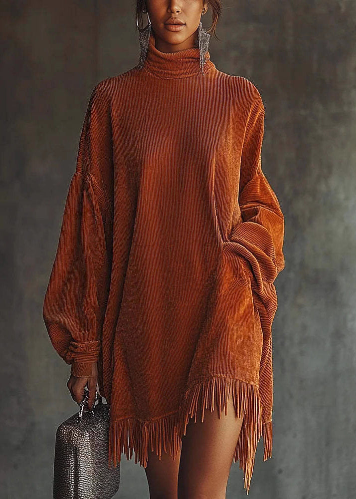 Aurelia | Tasseled Corduroy Turtleneck Dress
