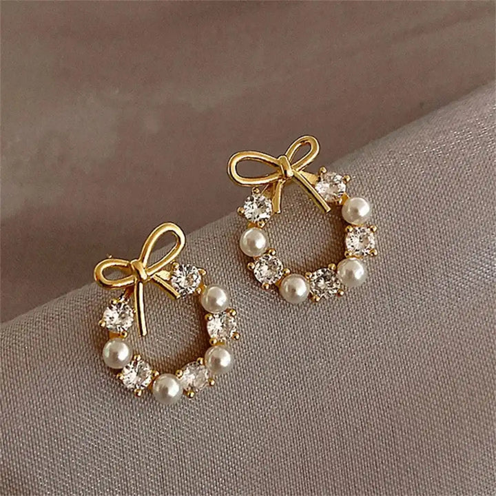 Bow | Pearl Circle Stud Earrings