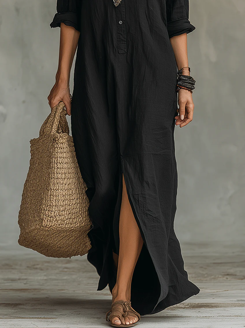 Soline | Black Flowing Maxi Dress with Buttons