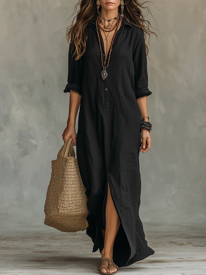 Soline | Black Flowing Maxi Dress with Buttons