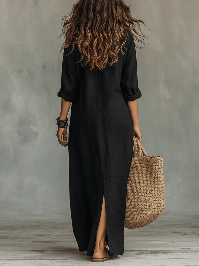 Soline | Black Flowing Maxi Dress with Buttons