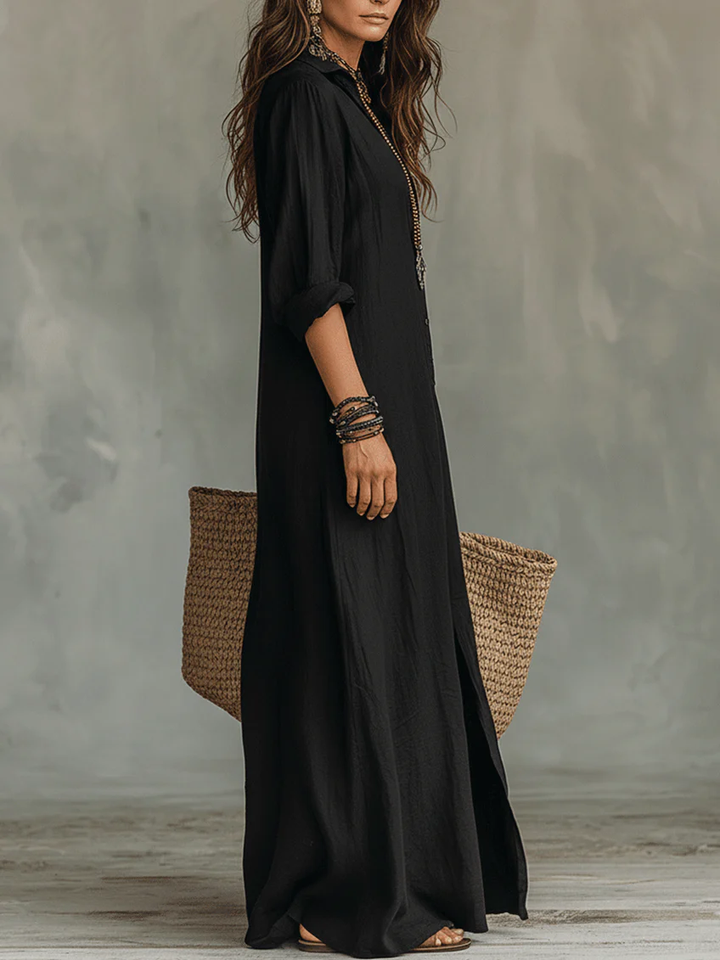 Soline | Black Flowing Maxi Dress with Buttons