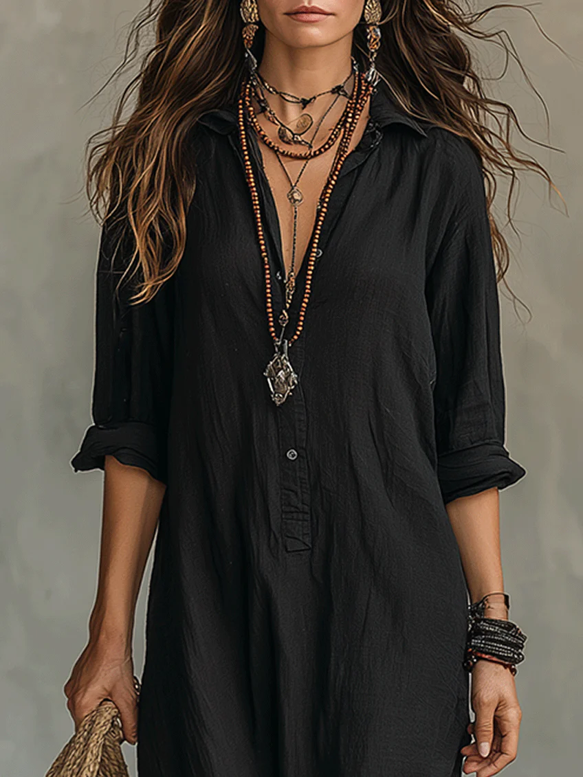 Soline | Black Flowing Maxi Dress with Buttons