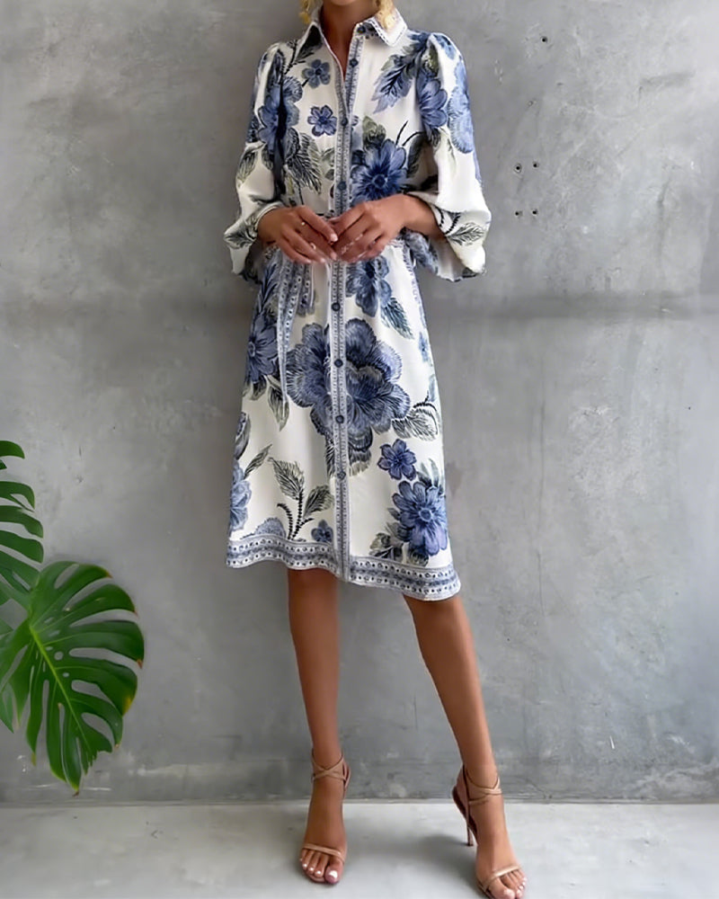 Elowyn | Printed Lantern Sleeve Shirt Dress