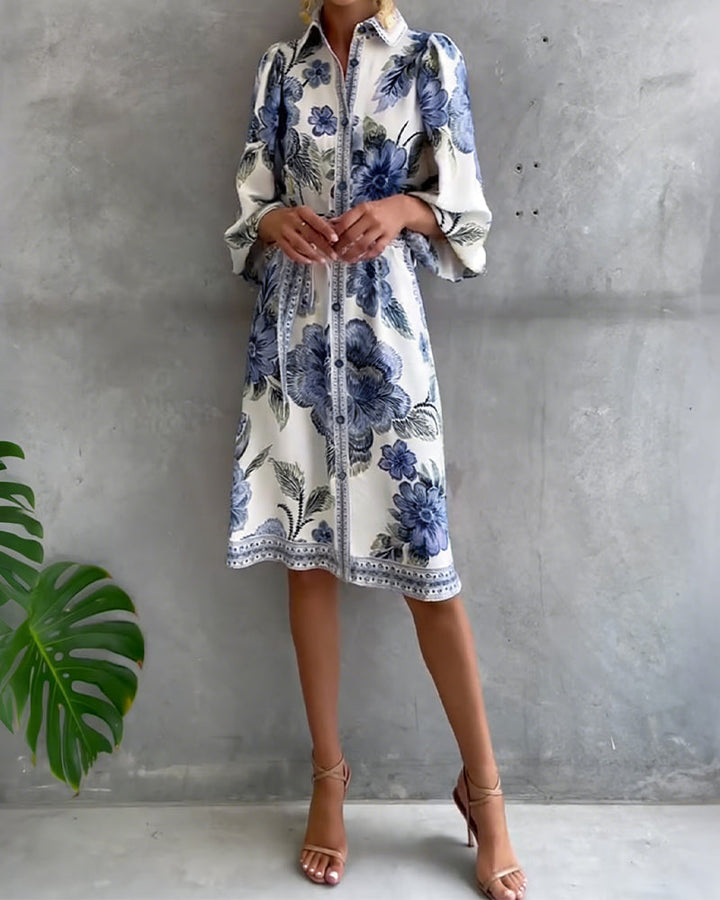 Elowyn | Printed Lantern Sleeve Shirt Dress