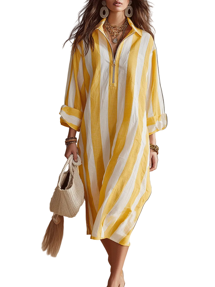 Relaxed | Striped Resort Yellow & White Stripe Midi Dress