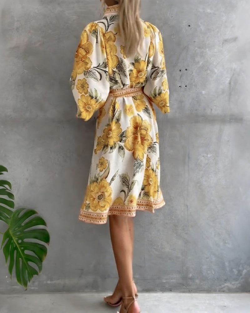 Elowyn | Printed Lantern Sleeve Shirt Dress