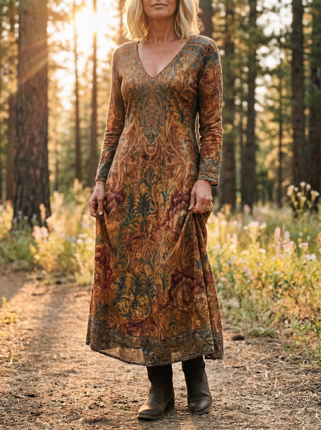 Dorothy floral maxi dress - Forest path holding dress