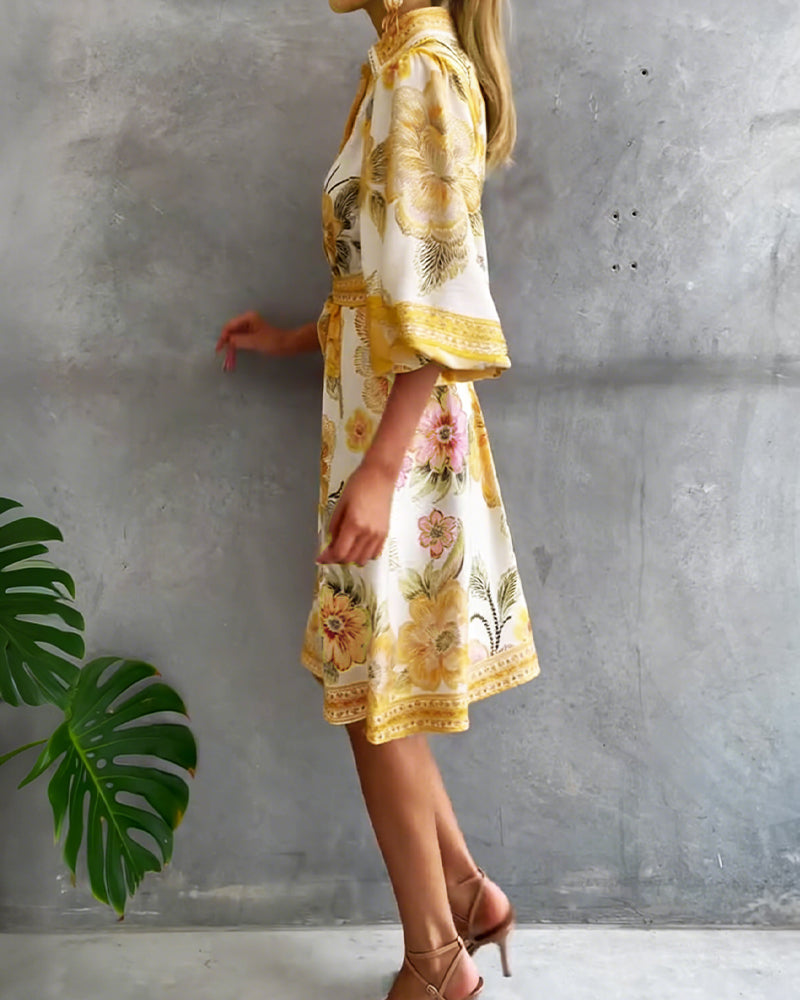 Elowyn | Printed Lantern Sleeve Shirt Dress