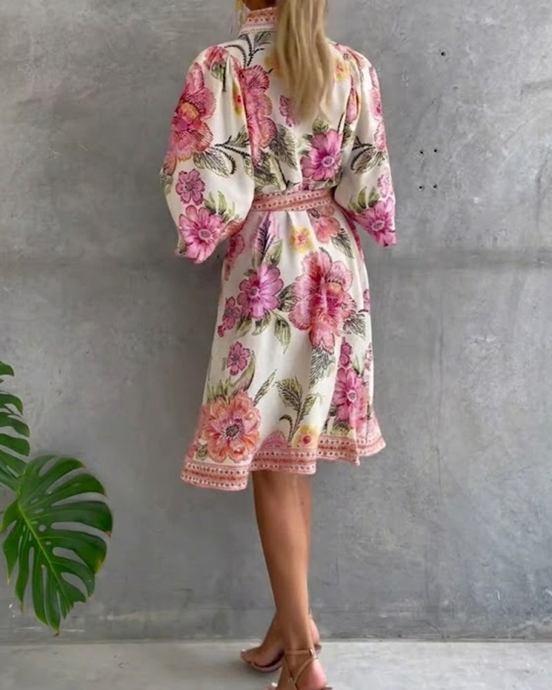 Elowyn | Printed Lantern Sleeve Shirt Dress