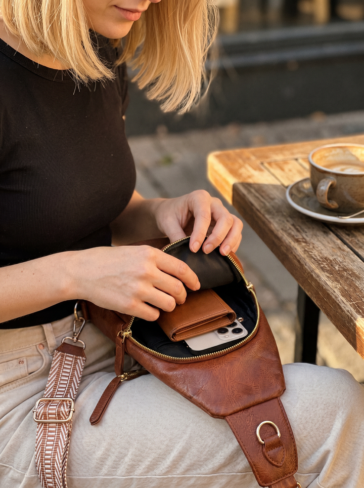 Edna crossbody bag - Open interior café table