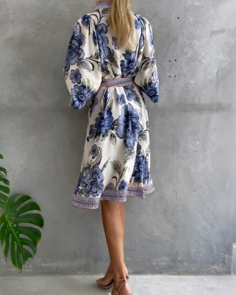 Elowyn | Printed Lantern Sleeve Shirt Dress