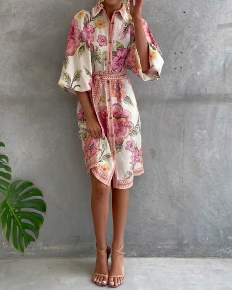 Elowyn | Printed Lantern Sleeve Shirt Dress