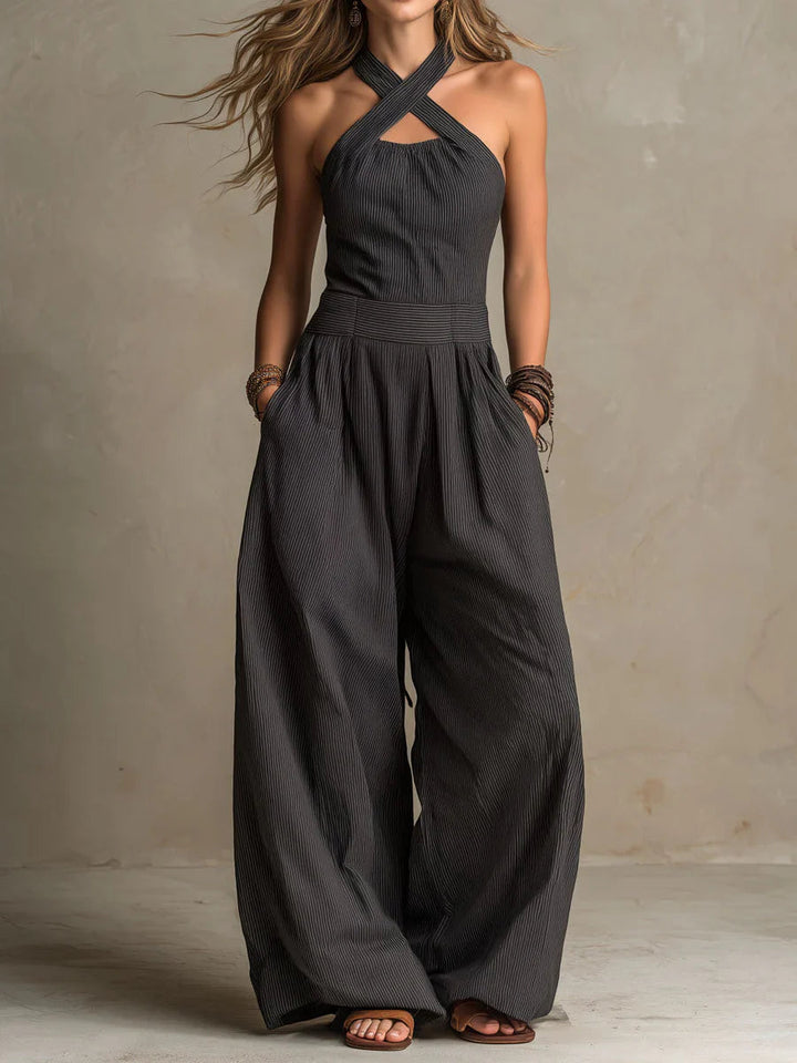 Bianca Linen Crossover Jumpsuit — Black