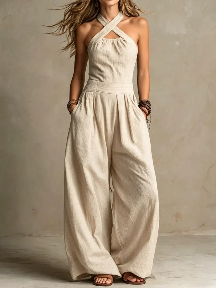 Bianca Linen Crossover Jumpsuit — Beige
