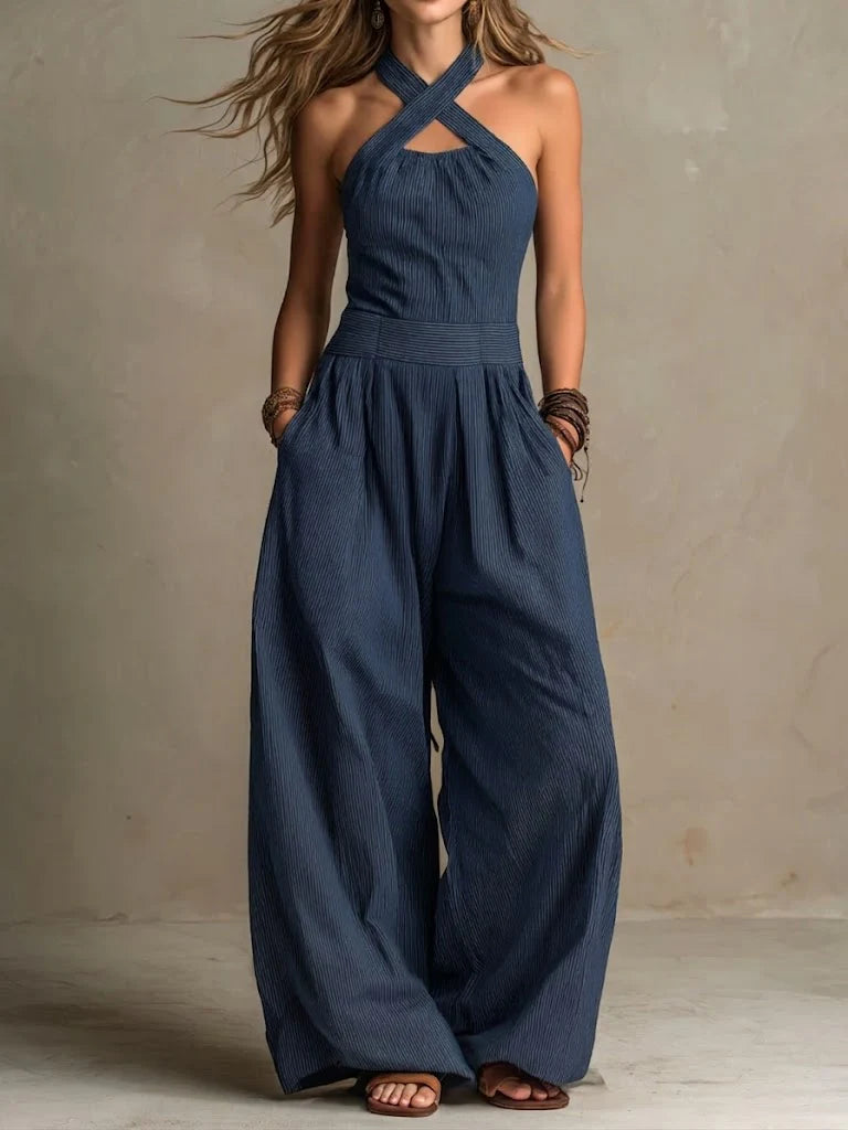 Bianca Linen Crossover Jumpsuit — Navy
